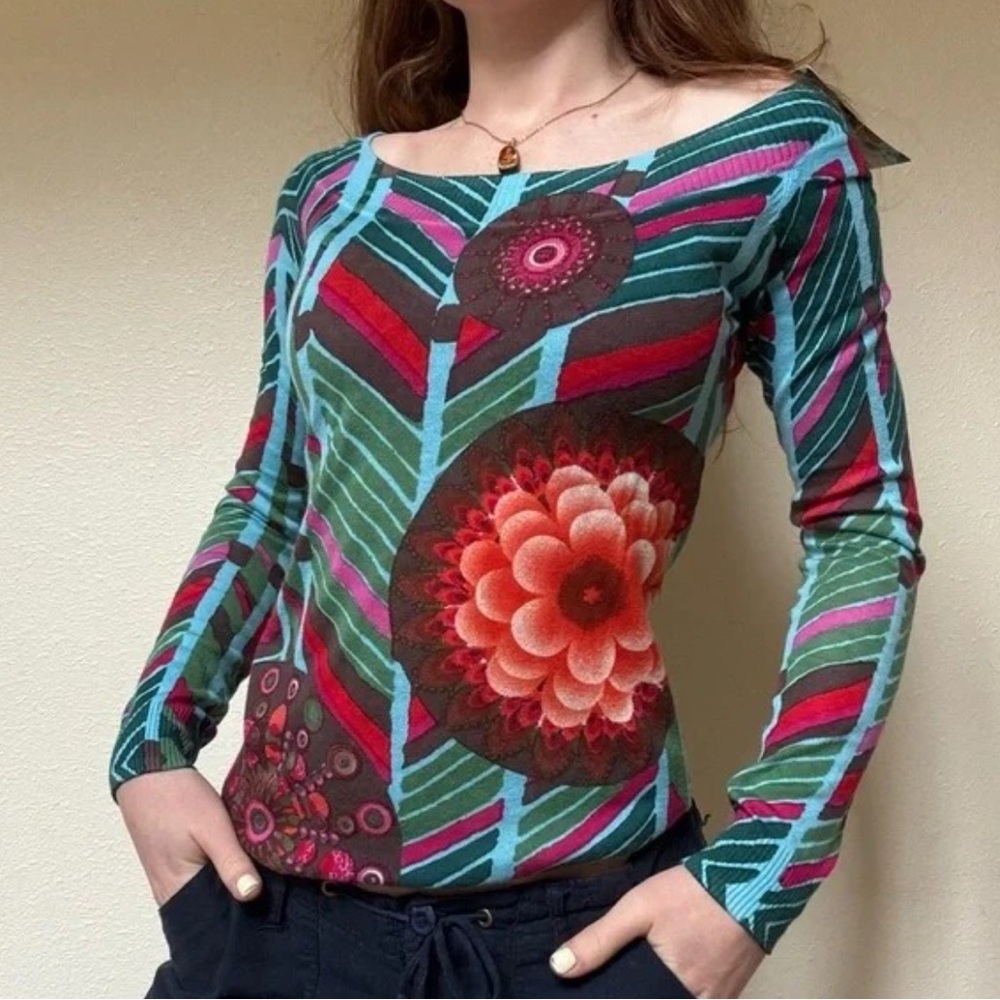 Desigual Green and Pink Fitted Graphic Long Sleeve Blouse